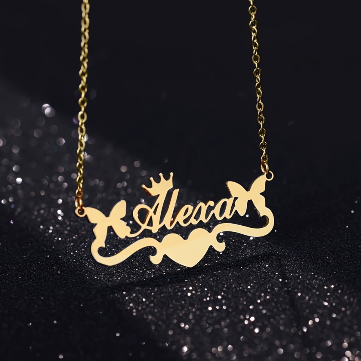 Custom Butterfly Crown Heart Name Pendant Necklace — Personalized Gift